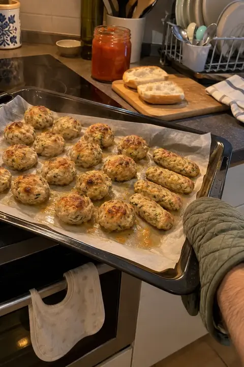 Bandeja de horno recién sacada con albóndigas de pavo y calabacín, unas alargadas y otras redondas, sujeta con una manopla