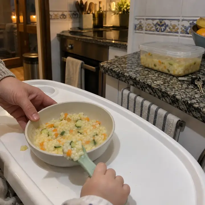 Cuenco de arroz meloso de verduras en la bandeja de la trona con una cuchara de bebé cargada; al fondo, un táper con el mismo arroz y unas llaves