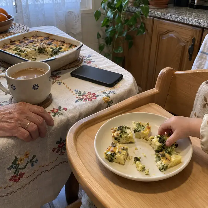 Cuadraditos de pastel de brócoli y patata en la bandeja de una trona de madera, junto a una taza de café y la mano de una abuela