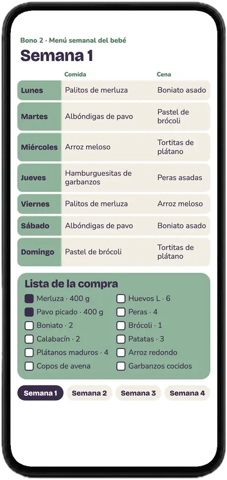 Menú semanal del bebé abierto en un móvil: comida y cena de lunes a domingo y la lista de la compra