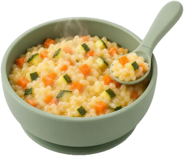 Arroz meloso de verduras en un cuenco de silicona con una cuchara de bebé cargada