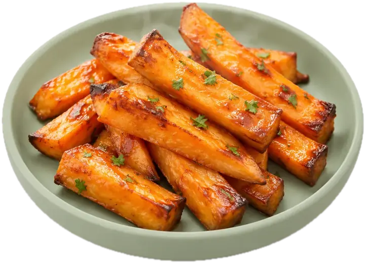 Bastones de boniato asado dorados por los bordes
