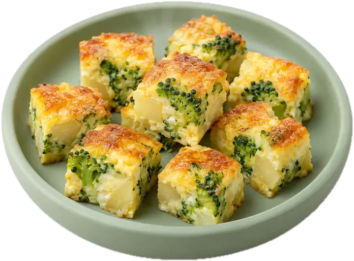 Pastel de brócoli y patata cortado en cuadraditos