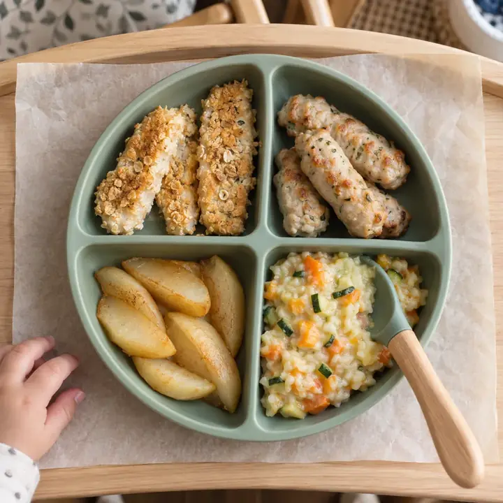 Plato de silicona con palitos de merluza, albóndigas, gajos de pera y arroz meloso con la cuchara cargada